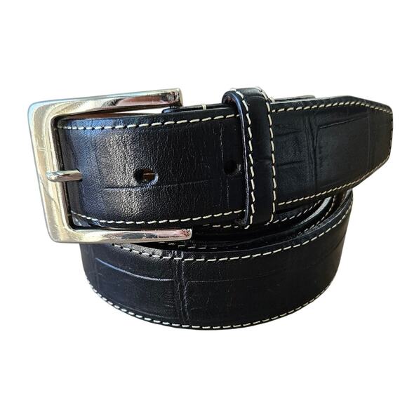 Fullum & Holt Black Croc Embossed Leather Belt sz 44/110 Minimalist Casual Work - Picture 1 of 7